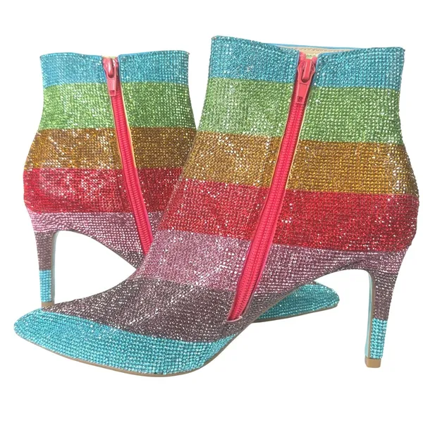 Betsey Johnson EMMY Rhinestone Ankle Boots Rainbow 8M Colorful Sparkle Stiletto‎ - Image 5
