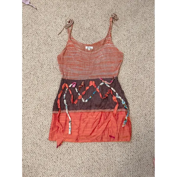 Crochet Tank Tunic Rust Brown Multicolor Ribbon Boho Hippie Eclectic L Z Ba - Image 9