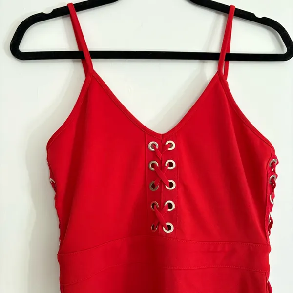 PrettyLittleThing Red Lace-Up Mini Dress - Image 5