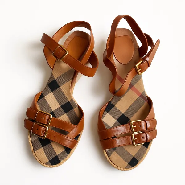 Burberry Tan Leather Check Canvas Espadrille Wedge Sandals EU 35 Italy GUC FLAW - Image 4