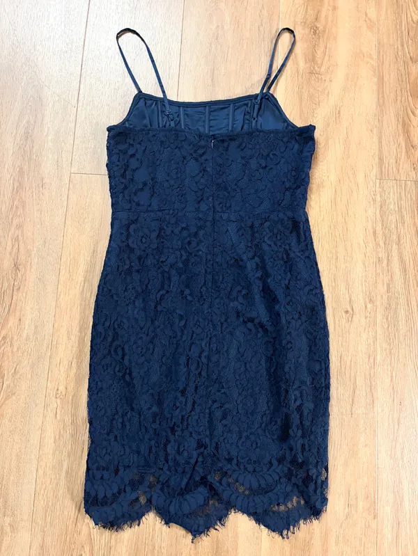 LULUS Romantic Fate Navy Blue Lace Bodycon Mini Dress - Image 4