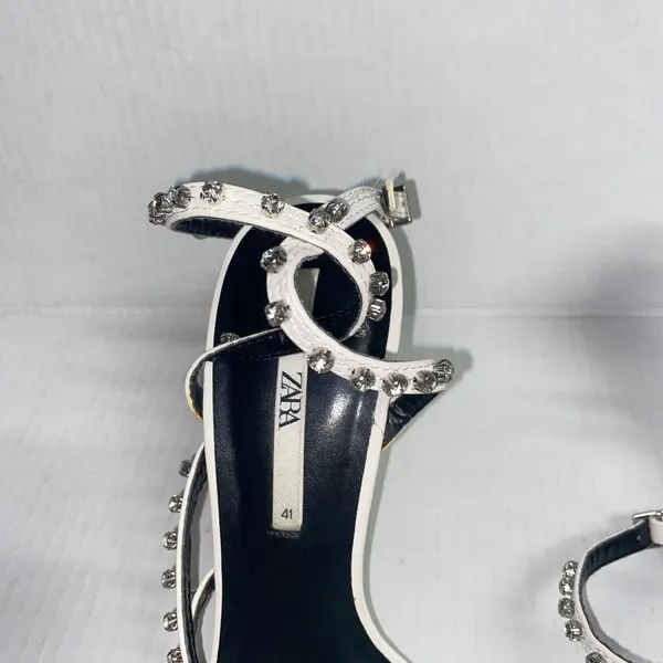 Zara White Leather Studded Embellished Rhinestone Heeled Sandals Women's 41 11 - Image 4