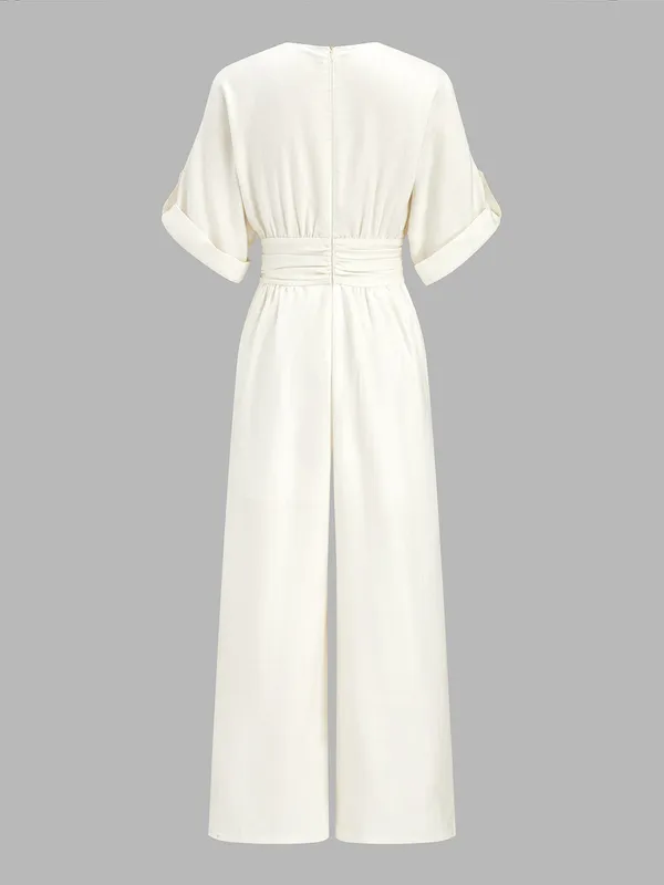 Commense Off White Tencel Ruched Waist Wide Leg Jumpsuit M NWT - Image 3