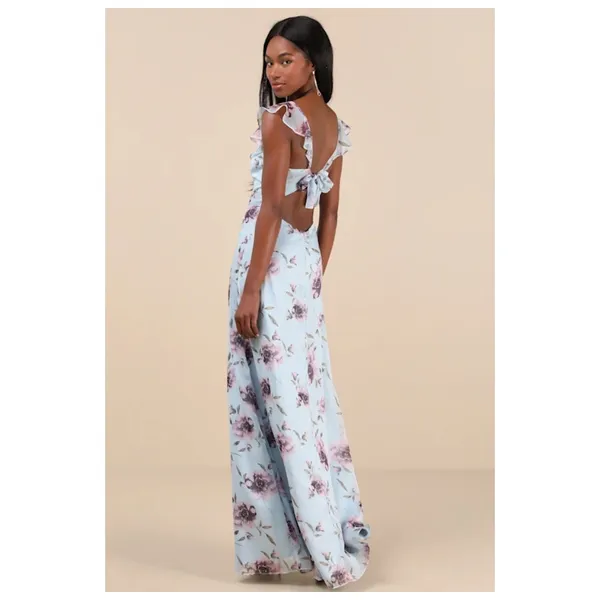 NWT Lulus Sweetest Entrance Light Blue Floral Ruffled Tie-Back Maxi Dress Sz S - Image 3