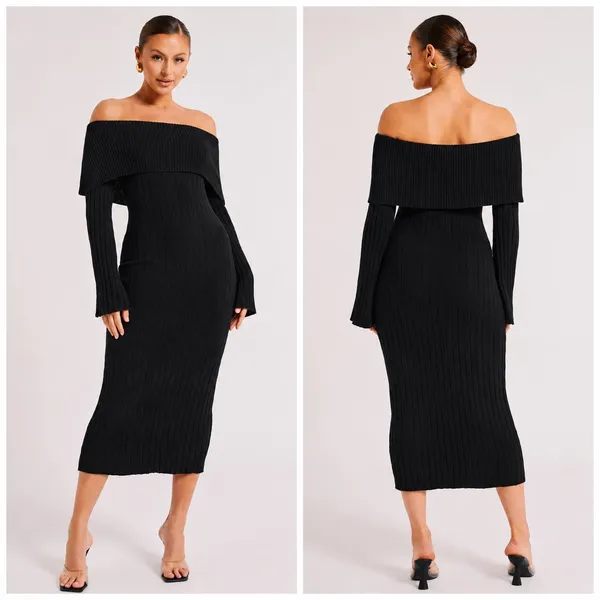 Meshki Stefania Off Shoulder Knit Midi Long Sleeve Dress Black size M New - Image 2