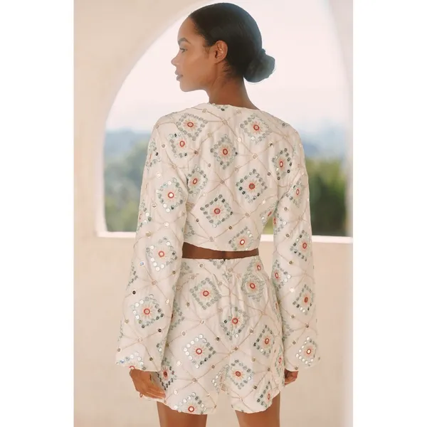 Anthropologie BLITHE Mirror Geo‎ Long Sleeve Tie Front Top & Shorts Set New S - Image 8