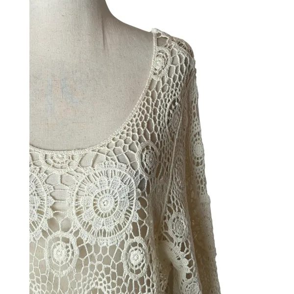 QED London Crochet Sweater Women Small Ivory Sheer Medallion Boho Coverup Hippie - Image 6