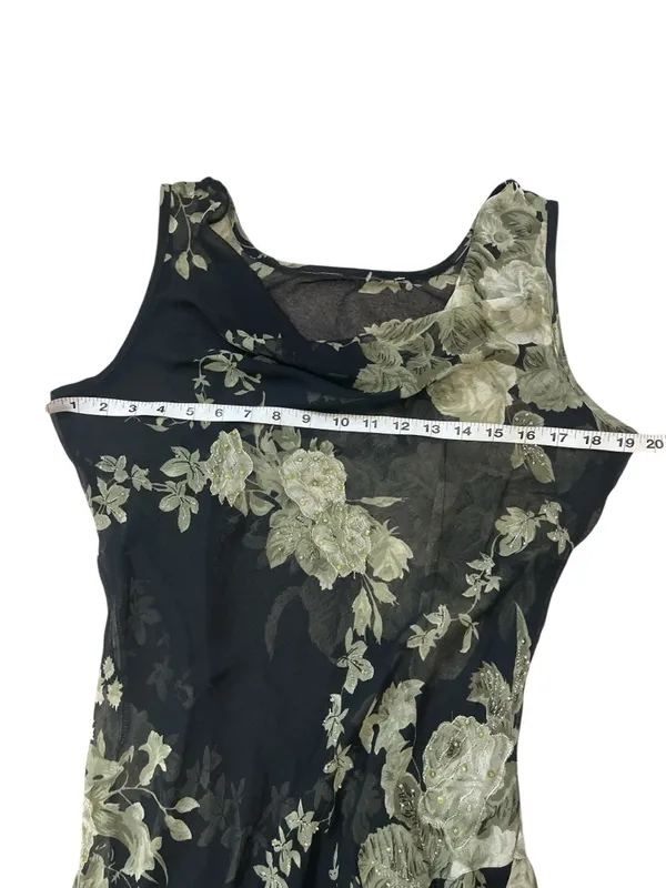 Whimsical Sheer Beaded Black Floral Cowl Neck Asymmetrical Slip Dress - Image 6