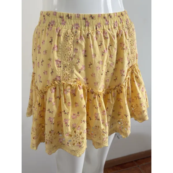 Aeropostale Womens Mini Skirt Size XS Yellow Floral Ruffle Tiered Eyelet Lace - Image 3
