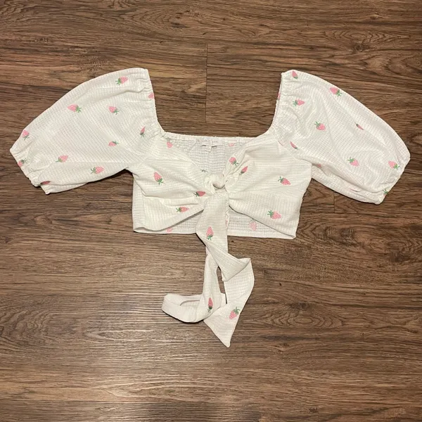 Strawberry Printed 5/8 Sleeve Waist Tie Crop Top White Pink Large - Image 10