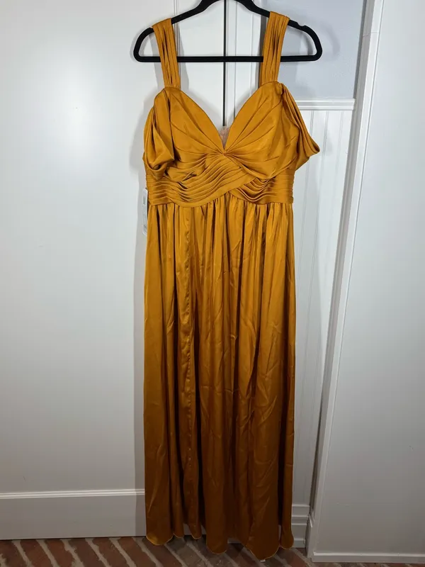 Azazie Lianne Butterscotch A-Line Off the Shoulder Stretch Satin Dress Size 16 - Image 2