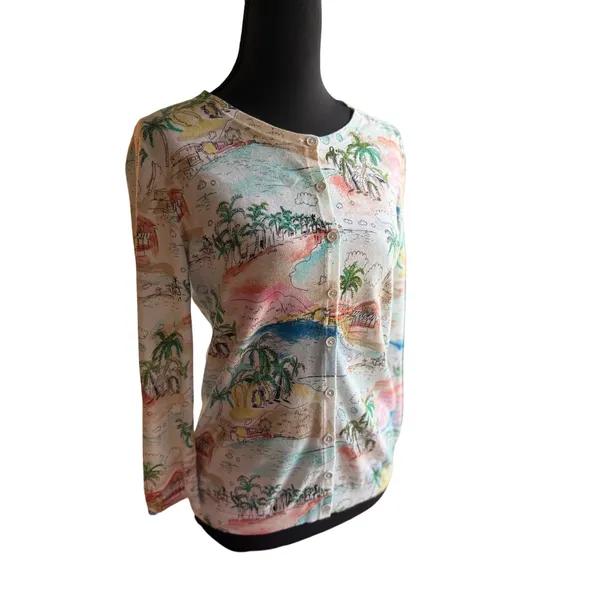 Talbots Petite Tropical Scenic Print Cardigan Sweater SP Coastal Resort - Image 3