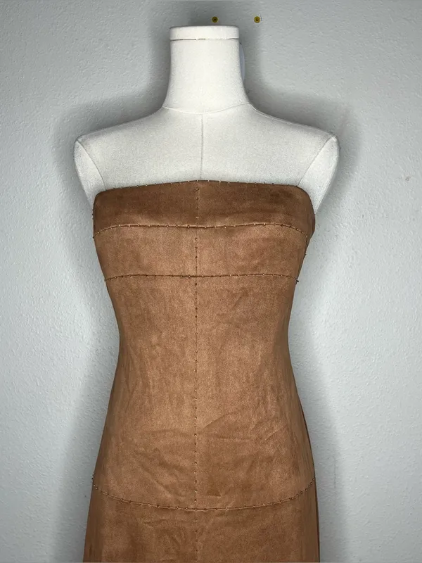 Vintage BCBG Brown Faux Suede Beaded Paneled Strapless Maxi Dress - Image 3