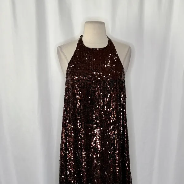 ZARA Chocolate Brown Sequin Halter Maxi Dress‎ Festive Party Sequinned Small - Image 4