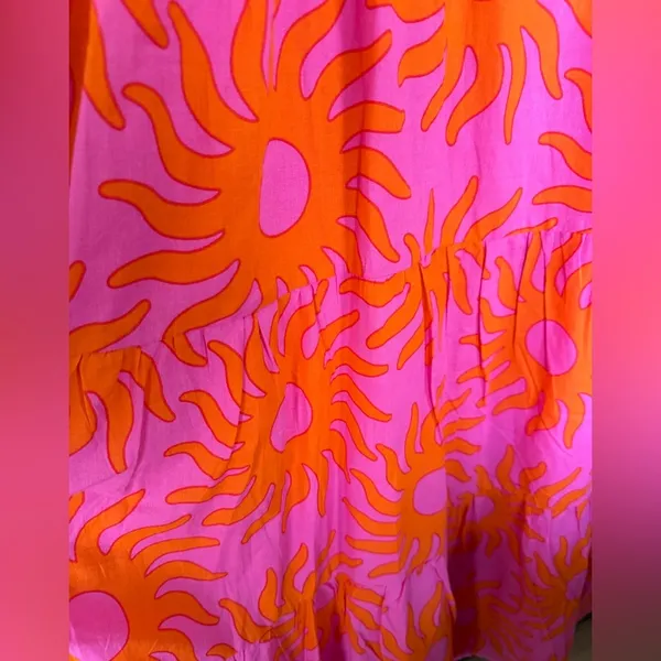 J. Marie Sun Print Tiered Midi Dress NWT Pink Orange Ruffle Summer Dress Size L - Image 5