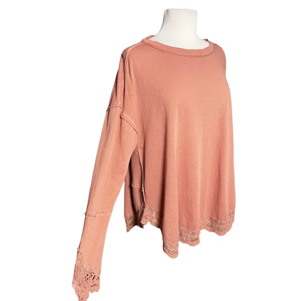 EASEL Women’s Boho Burnt Orange Lace Trim Long Sleeve Knit Top - Image 2