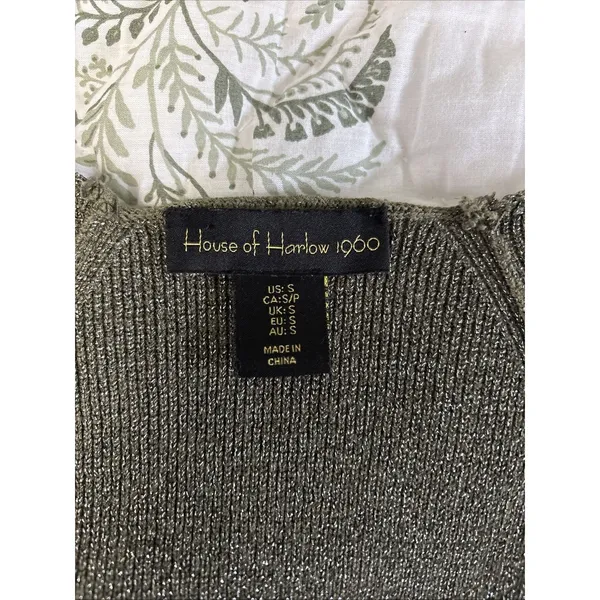 House of Harlow 1960 Small Sparkle Long Sleeve Rib‎ Knit Top Silver Green - Image 3