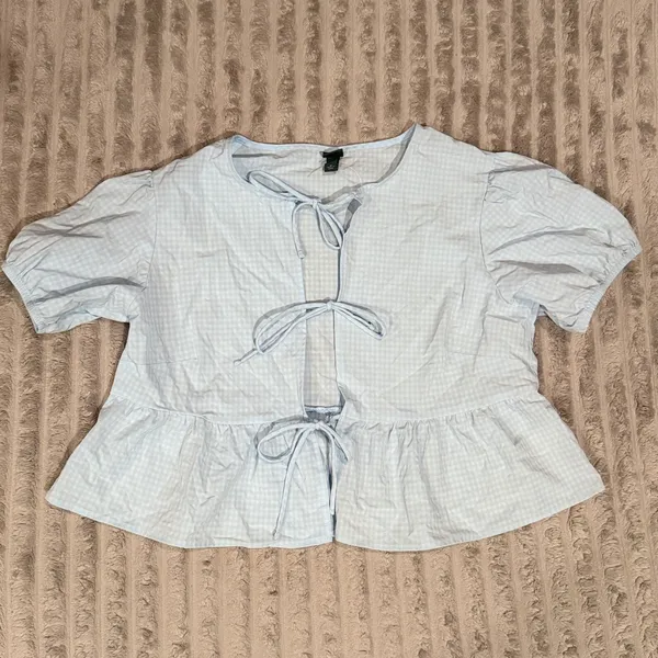 Wild Fable Blue Gingham Tie Front Peplum Puff Sleeve Top Womens Medium - Image 2