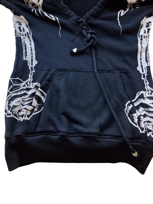 Y2K Crash & Burn Skull Rhinestone Short Sleeve Hoodie Black Size S vintage - Image 6