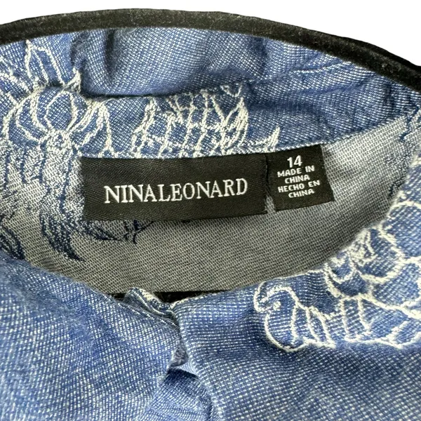 Nina Leonard Floral Embroidered Cuffed‎ Sleeve Half Button Up Cotton Dress Sz 14 - Image 6