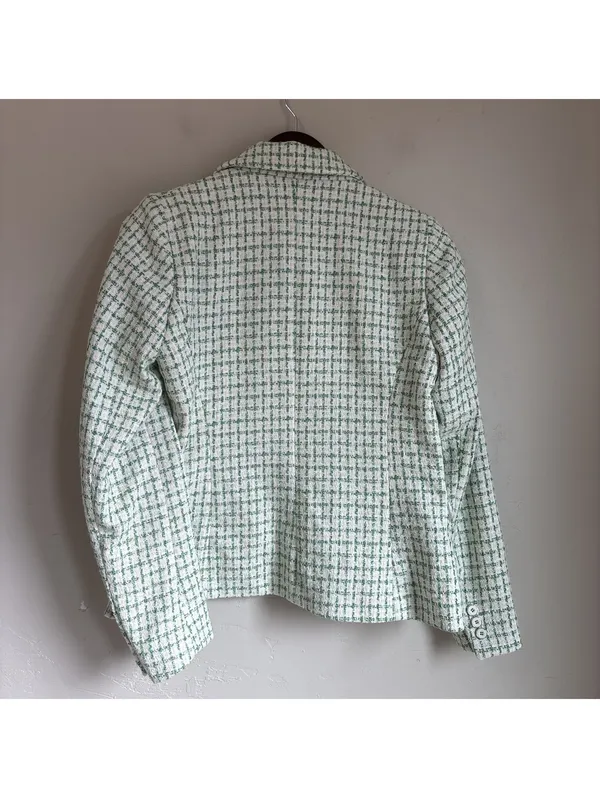 Rachel Zoe Womens Tweed Blazer Small Green White Double Breasted Jacket Plaid - Image 4
