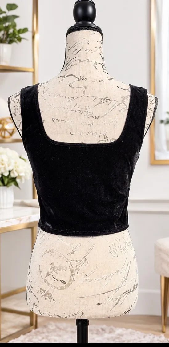 Bozzolo Black Velvet Square Neck Crop Tank Top - Size Large - Image 5