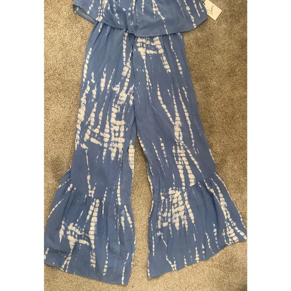 Japna NWT Strapless Tie Dye Jumpsuit XS Blue White Rayon Wide Leg Ruffle Boho - Image 4