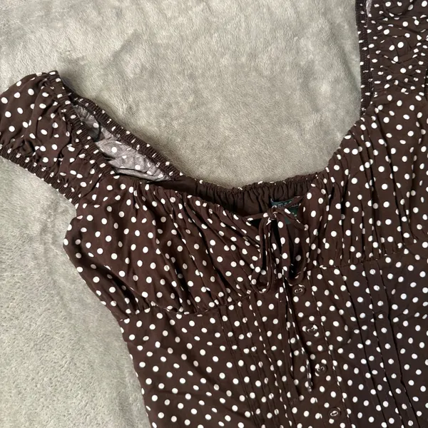 Wild Fable Polka Dot Mini Dress XXS Milkmaid Brown Tiered Ruffle Smocked Lace - Image 9