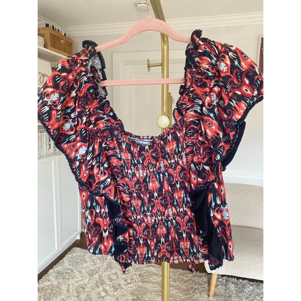 Anthropologie Let Me Be Boho Smocked Ikat Blouse Ruffle Sleeve‎ Romantic Peasant Top XL Boho - Image 2