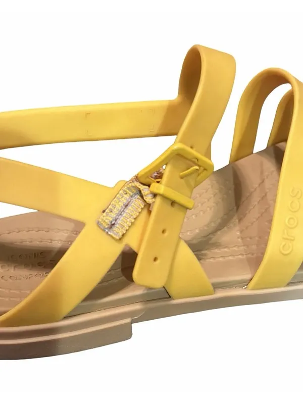 Crocs Womens Tulum Sandal Size 7 Canary Yellow Tan Strappy Fisherman Flat Shoe - Image 5