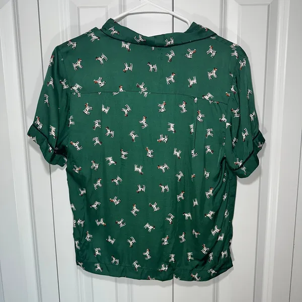Anthropologie Blouse Womens Small Green Dog Print Short Sleeve Top Pajamas Silky - Image 5