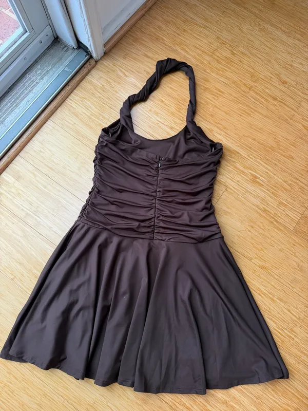 NIA Bailey Espresso Brown Ruched Halter Mini Dress M - Image 6