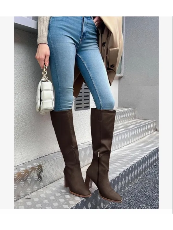 NEW Knee High Square Toe Chunky Block Heel Side Zipper Vegan Suede Boots 10 - Image 2