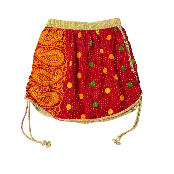 Renew Vintage Kantha Mini Skirt Women Medium Red Orange Patchwork Excellent Boho - Image 2
