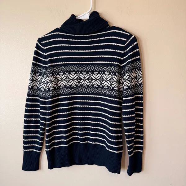 LL Bean Womens Cotton Cashmere Sweater Navy Blue White Fair Isle Turtleneck - Image 7