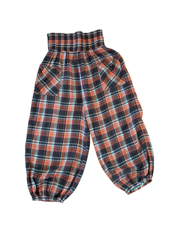 Intimately Free People Double Trouble Pant Sz S Plaid Cinched Ankle Navy Orange - Image 2