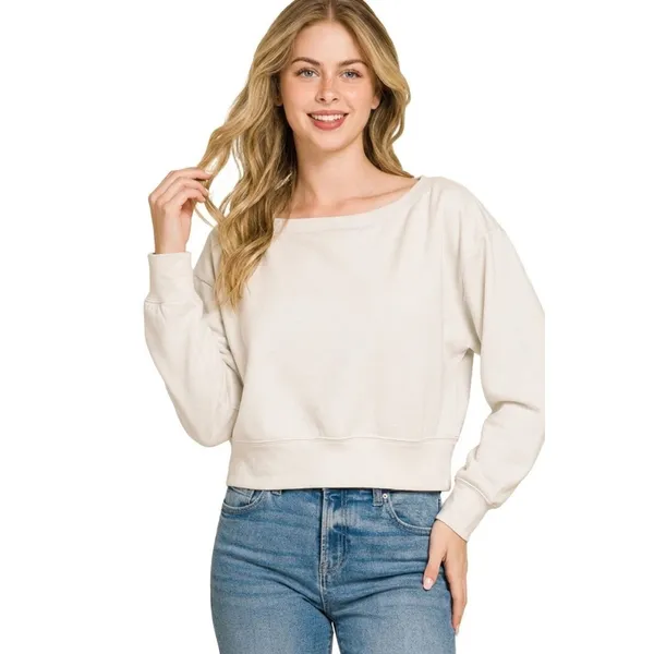 Zenana Scuba Cropped Boat Neck Pullover Sweatshirts - Large - Image 2