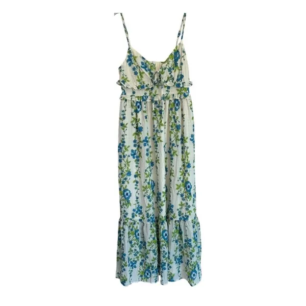 Band of the Free Floral Ruffle Maxi Dress Egret‎ Palace Blue XS B50326 Boho - Image 2
