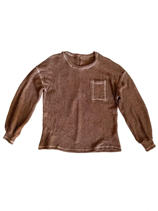 Brown Waffle Knit Long Sleeve Loungewear Pajama Top (Large) - Image 2