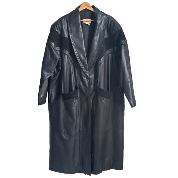 VTG Venezia 2X Black Leather Suede Trench Coat Western Matrix Goth 90s Mob Wife - Image 2