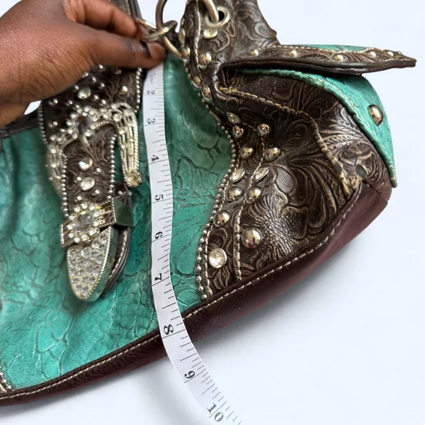 Y2K 2000s Western Mcbling Bimbo Goth Leather Rhinestone Large Buckle Hand Shoulder Bag Purse Preppy bedazzled silver stud blue turquoise brown #cowgirl #whimsygoth #grunge #punk #stagecoach festival Measurement in pics Some distressing see pics - Image 7