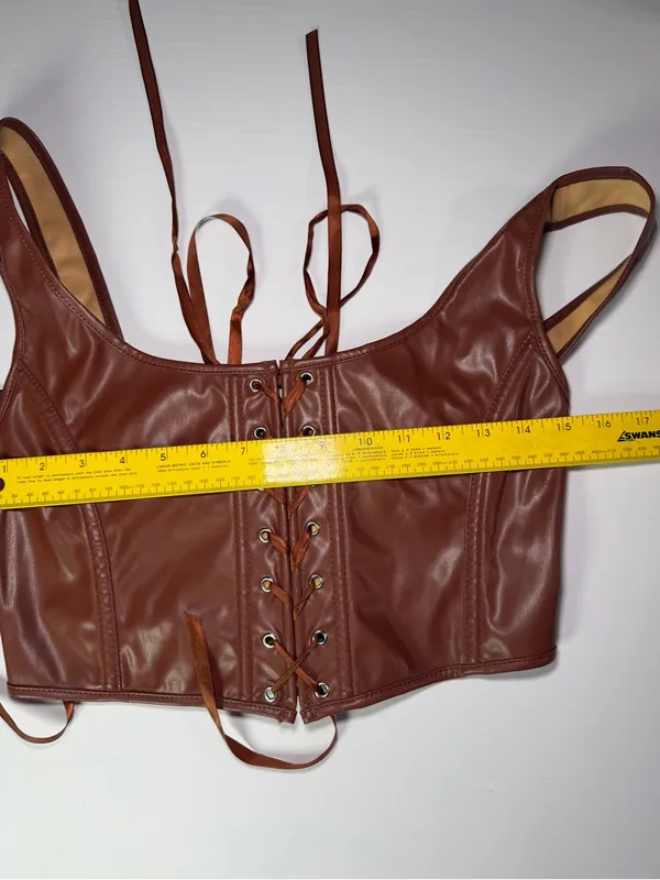 Faux Leather Rust Brown Lace-Up Crop Top corset - Image 5