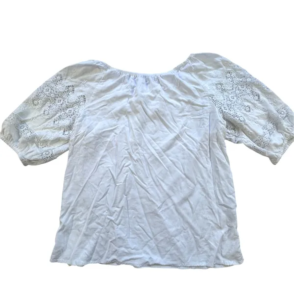LOFT White Eyelet Crochet Lace Peasant Blouse Womens Small Scoop Neck Top Stars - Image 2