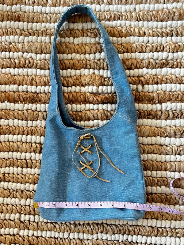 Y2K light Blue Denim Shoulder mini Bag with Lace-Up Detail - Image 2