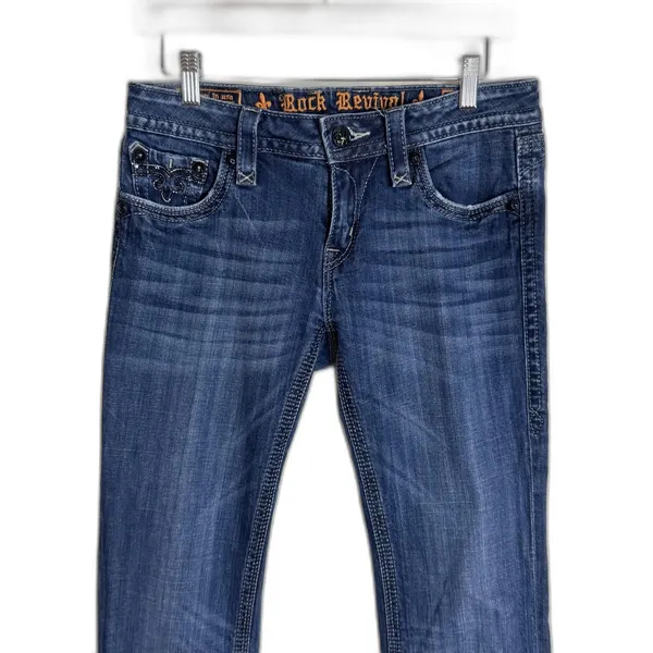 Rock‎ Revival Sara Boot Jeans Womens 29 Blue Dark Wash Embellished Bootcut Flap - Image 2