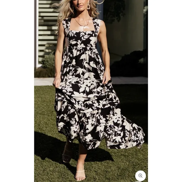 Baltic Born Aita Maxi Dress Black Ivory Floral Tiered Maternity Friendly Size L - Image 5