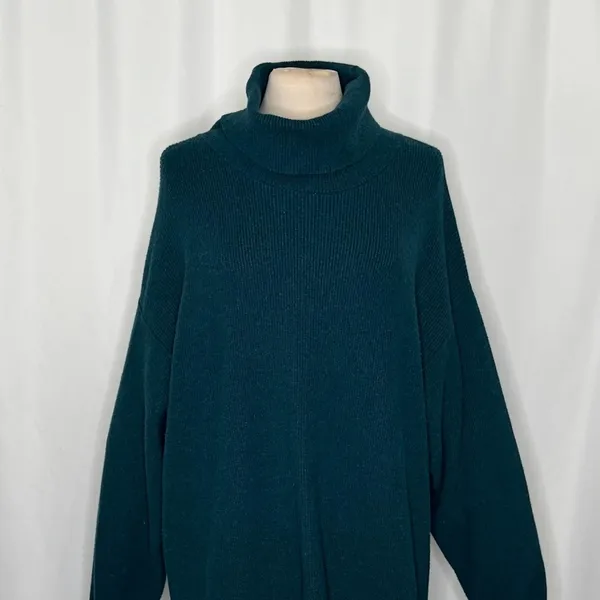 FREE PEOPLE Softly Structured Solid Teal Sweater Turtleneck Tunic Knit Medium - Image 3