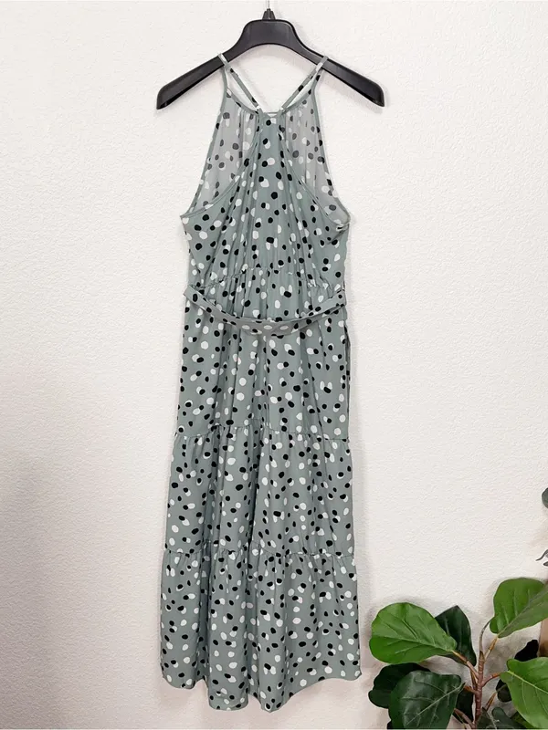 Miss Sparkling Sage Green Polka Dot Tiered Maxi Dress Belted Adjustable Strap - Image 8