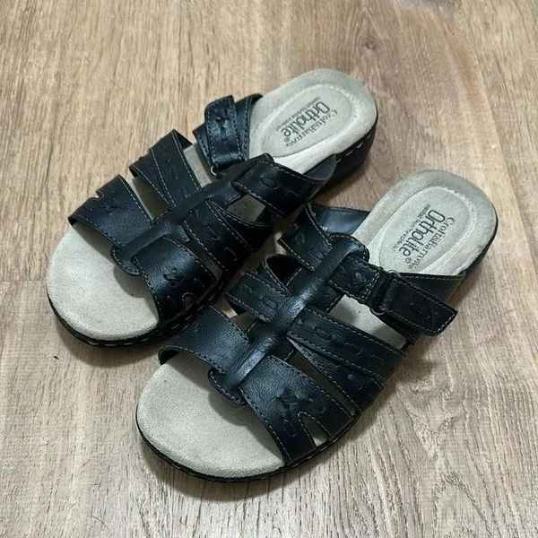 Croft & Barrow | Ortholite Black Leather Strappy Slide Sandals‎ Fugue Sandals, 6 - Image 5