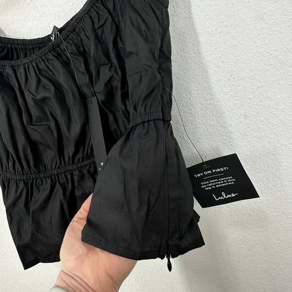 Lulus Black Square Neck Puff Sleeve Cropped Peplum Top Size S NWT‎ - Image 9